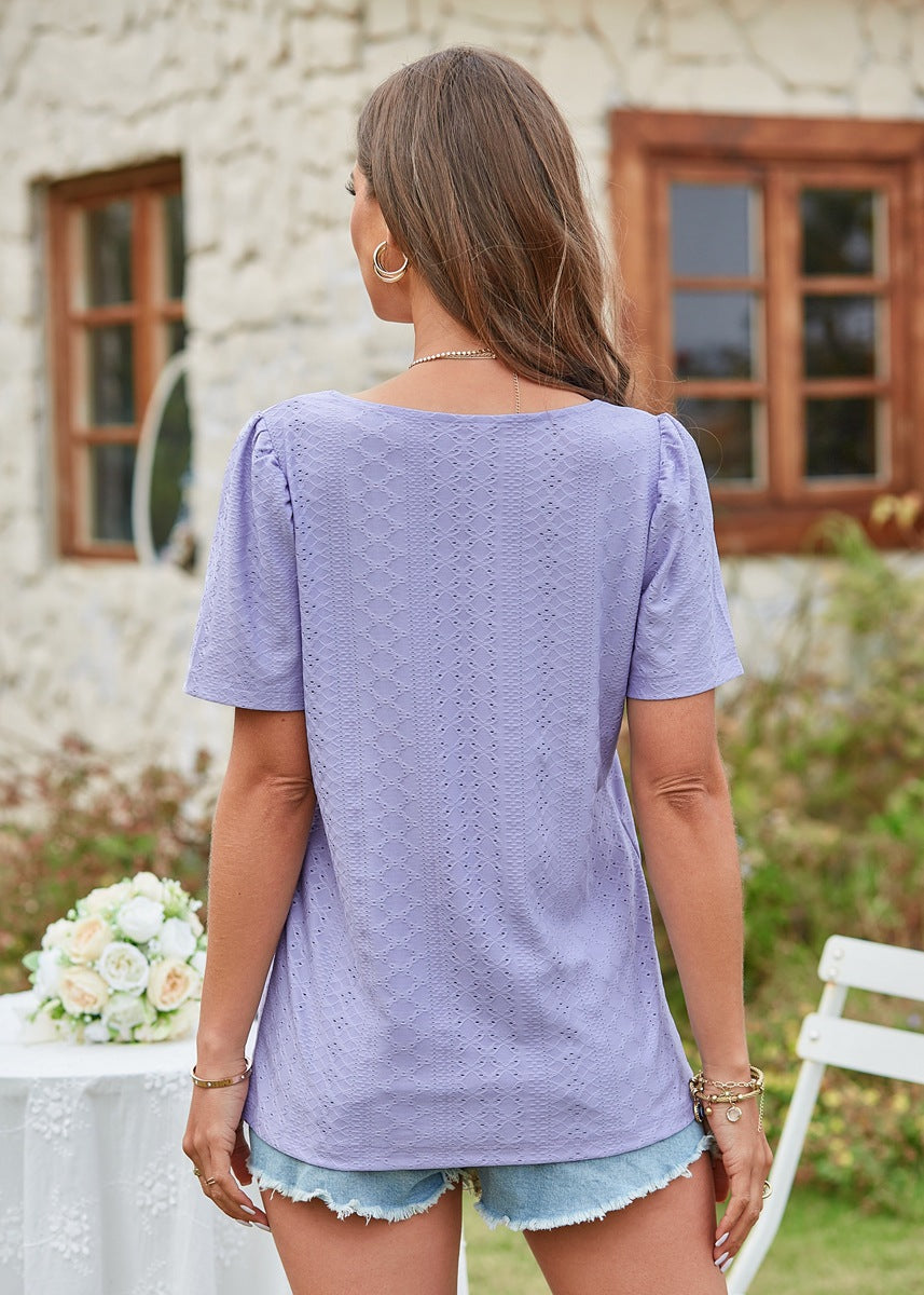Hollow Out Solid Square Neck Short Sleeved T-shirt