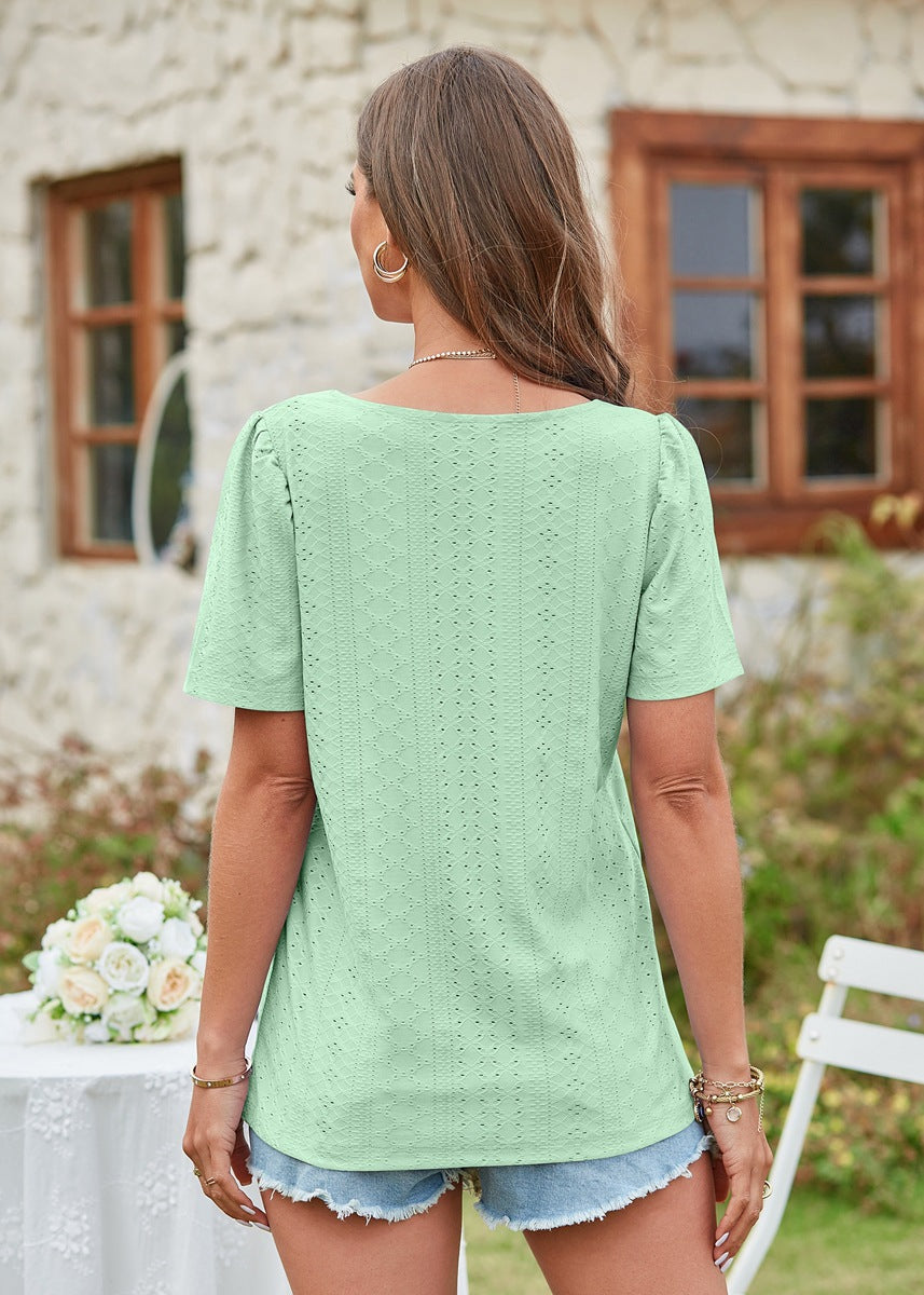 Hollow Out Solid Square Neck Short Sleeved T-shirt