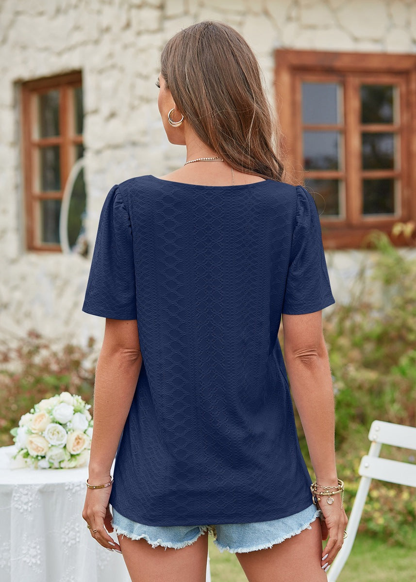 Hollow Out Solid Square Neck Short Sleeved T-shirt