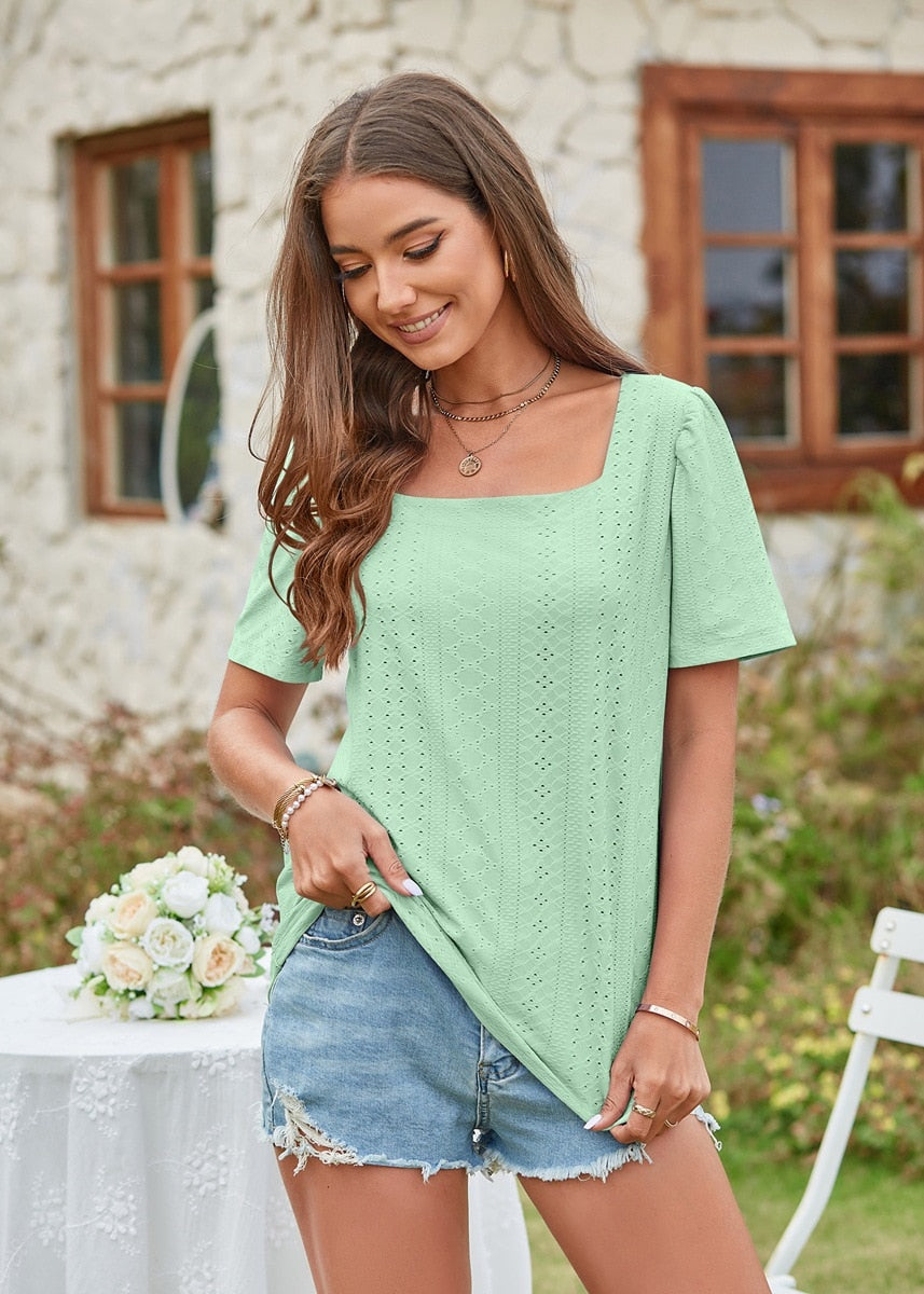 Hollow Out Solid Square Neck Short Sleeved T-shirt