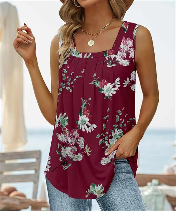 Square Neck Vest Print Sleeveless Loose Vest