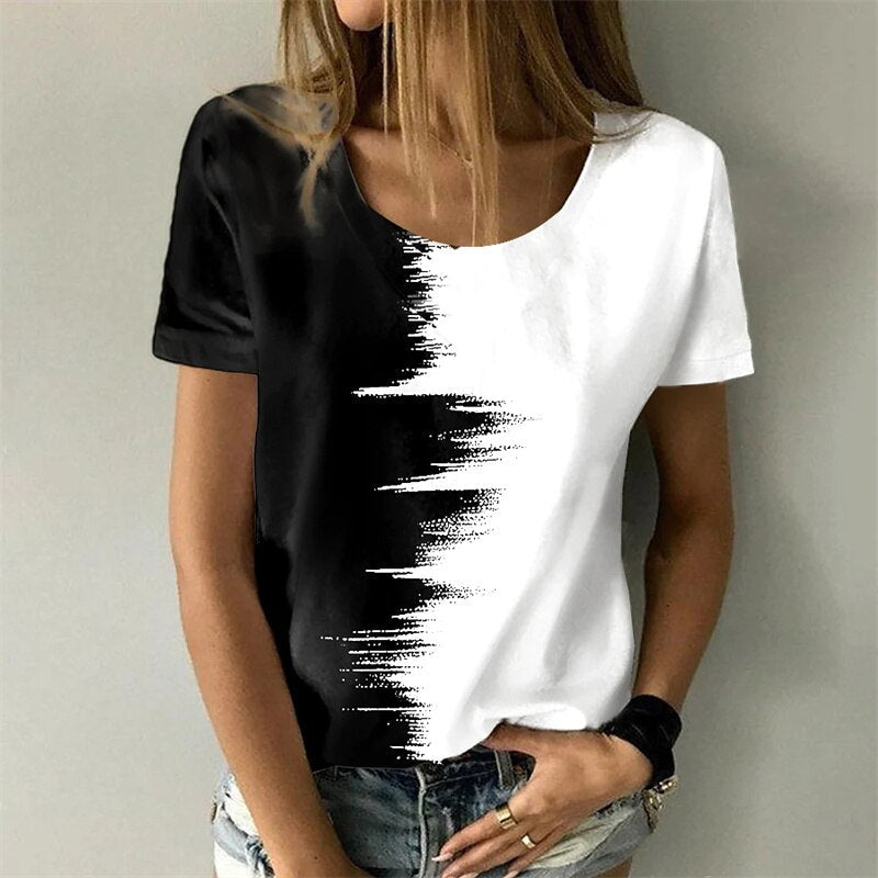 Abstract Color Block 3D Printing O-neck Short Sleeve Pullover T-Shirts
