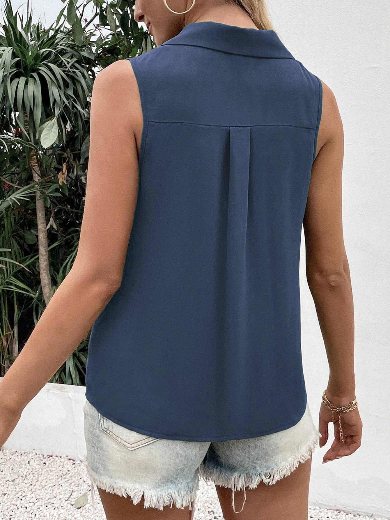 Solid Color V-Neck Sleeveless Button Tank Tops