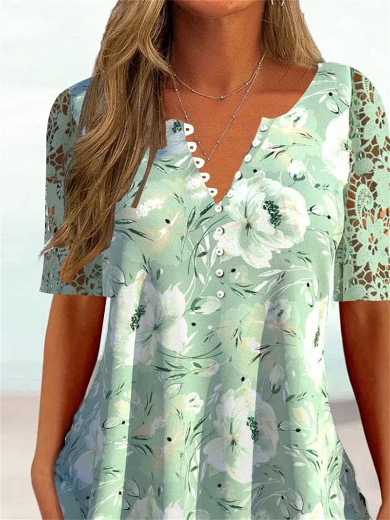 V-neck Print Loose Hollow Out Lace Short Sleeve Buttons T-Shirt