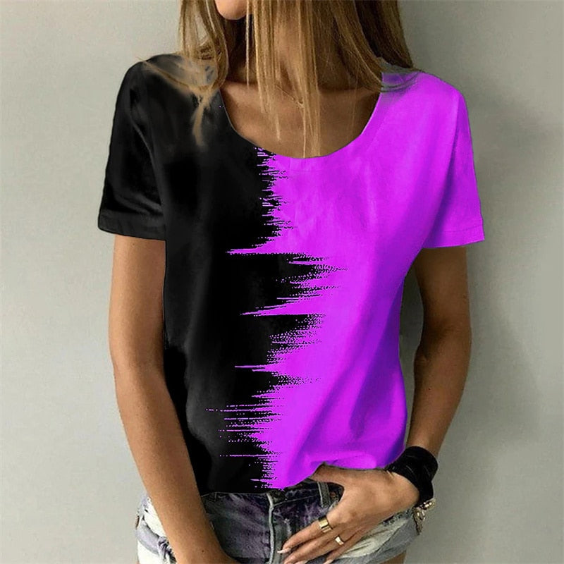 Abstract Color Block 3D Printing O-neck Short Sleeve Pullover T-Shirts