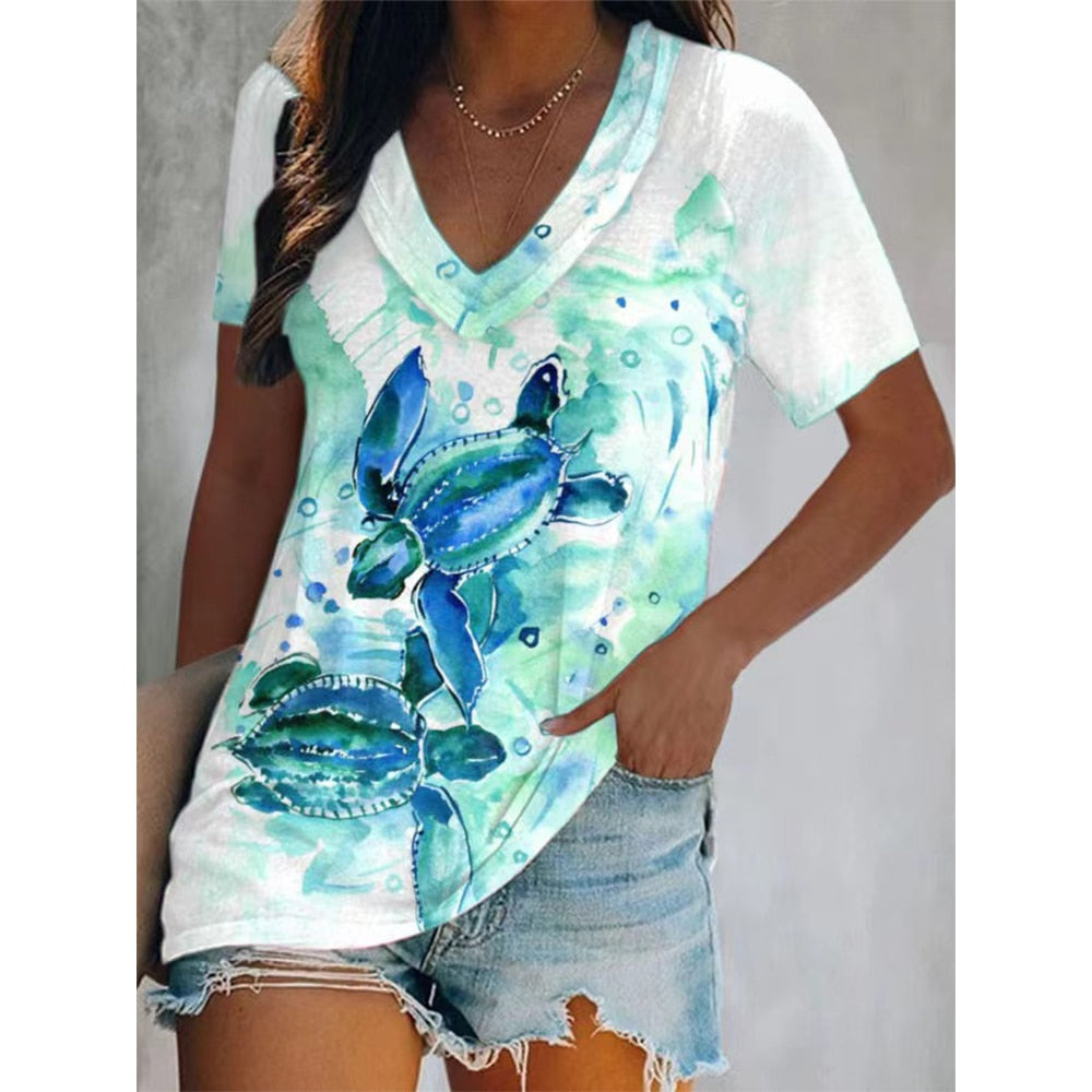 Print V-neck Short Sleeve Plaid Pullover T-Shirt