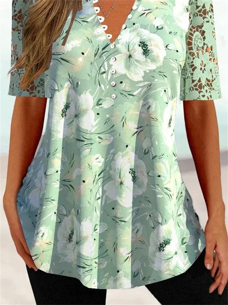 V-neck Print Loose Hollow Out Lace Short Sleeve Buttons T-Shirt