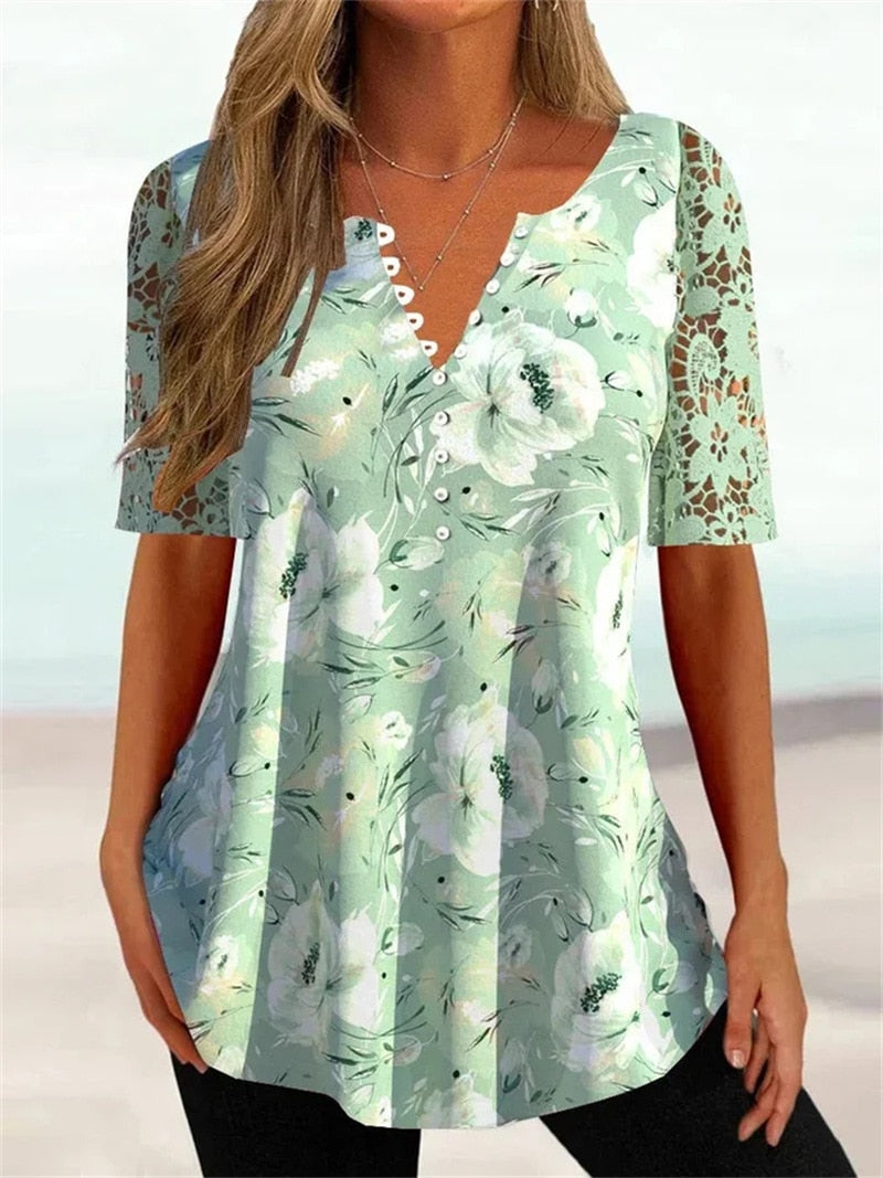V-neck Print Loose Hollow Out Lace Short Sleeve Buttons T-Shirt