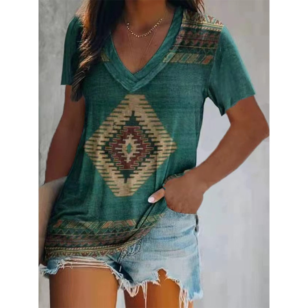 Print V-neck Short Sleeve Plaid Pullover T-Shirt
