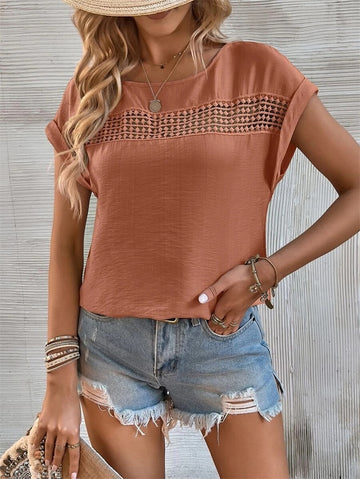 Solid Color Hollow Out Splicing Lace Short Sleeve O Neck Pullover T-Shirt