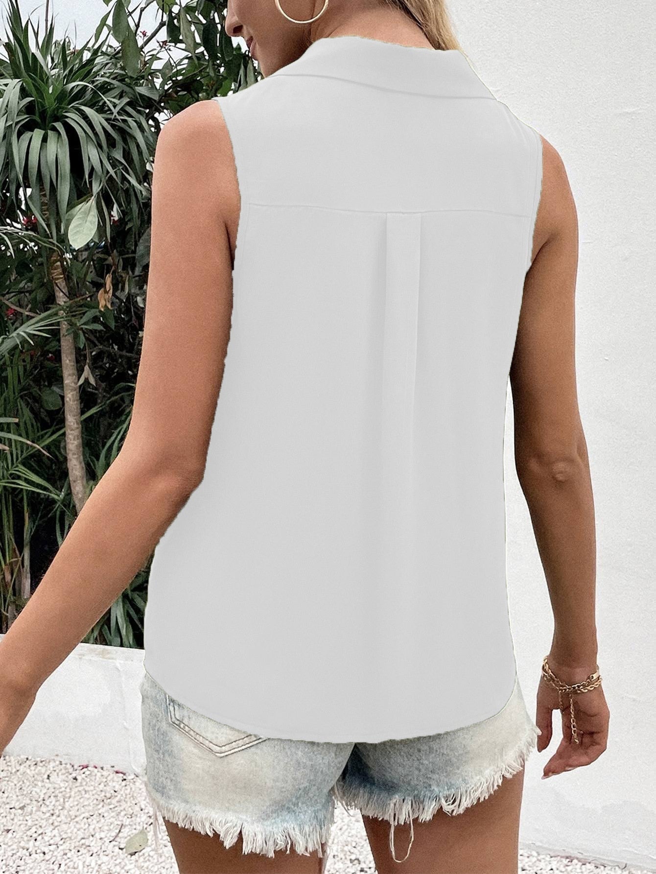 Solid Color V-Neck Sleeveless Button Tank Tops