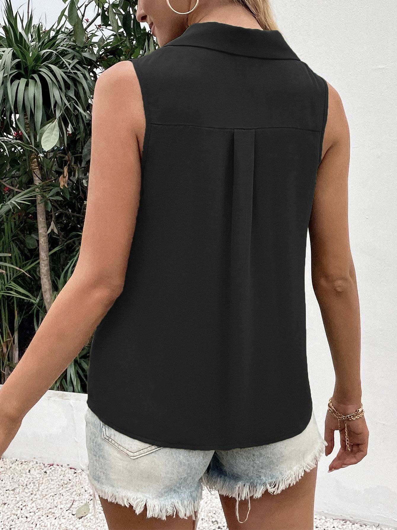 Solid Color V-Neck Sleeveless Button Tank Tops