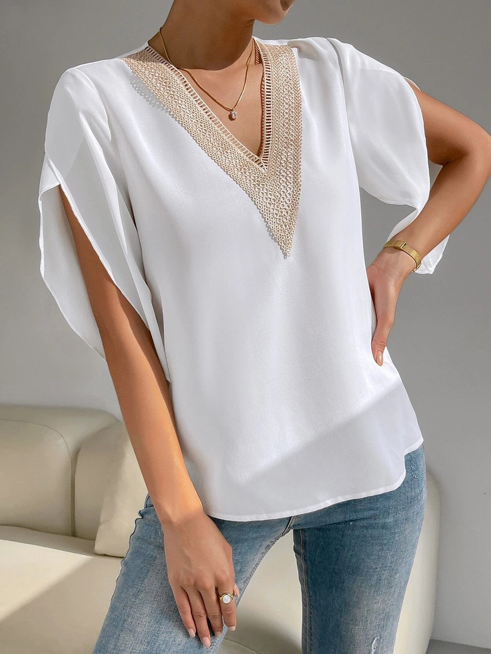 Batwing Sleeve Lace Patchwork Elegant Solid V-neck Shirt