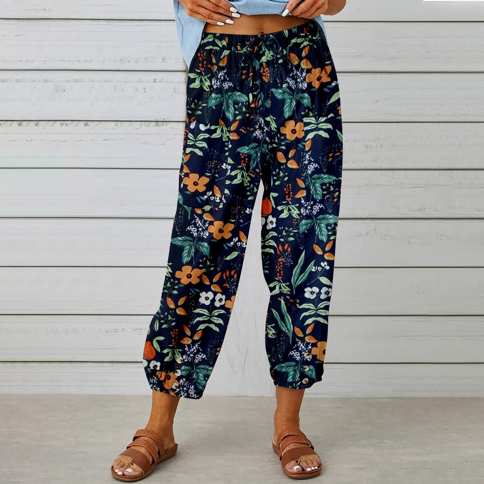 Pocket Loose Drawstring High Waist Retro Print Pants