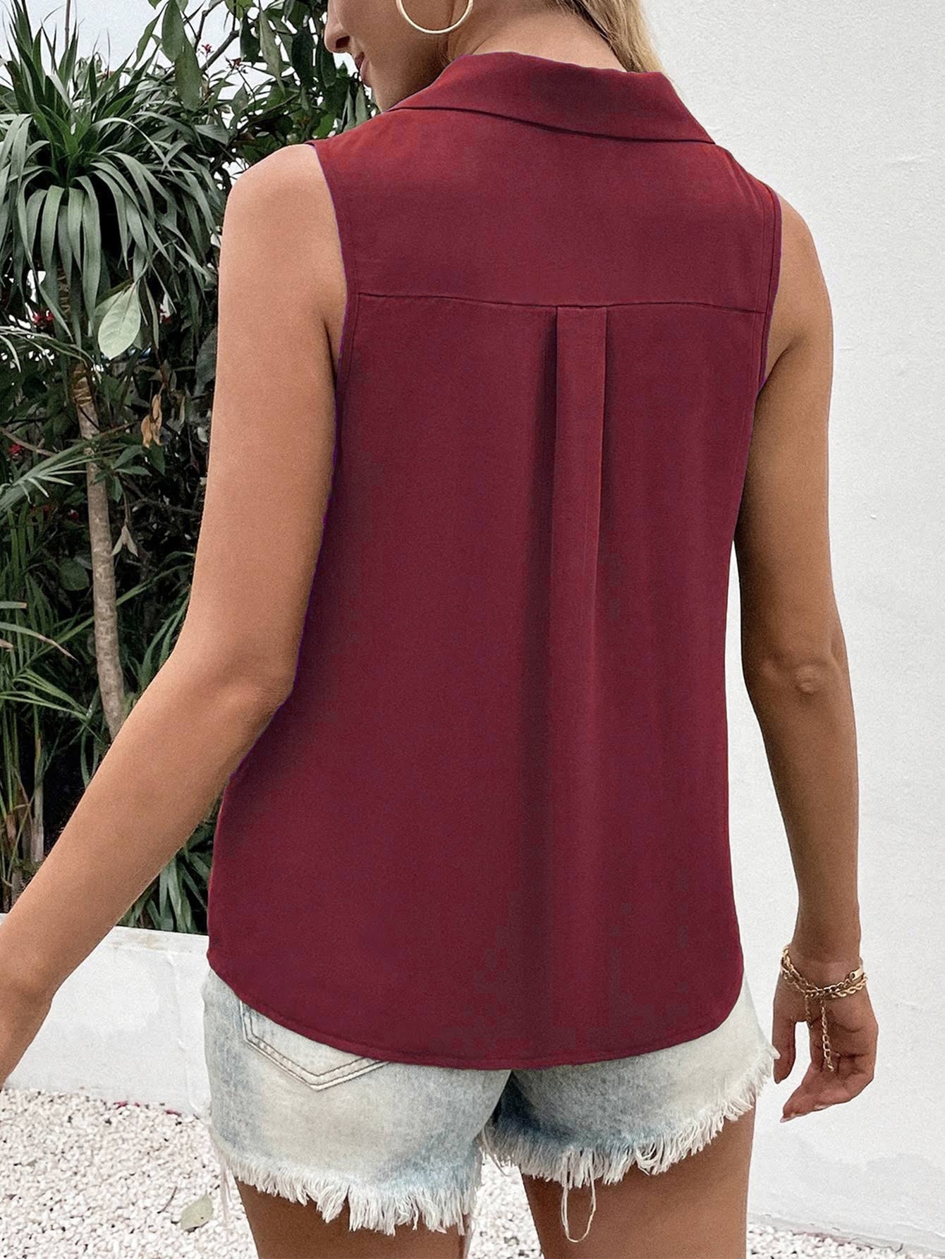 Solid Color V-Neck Sleeveless Button Tank Tops