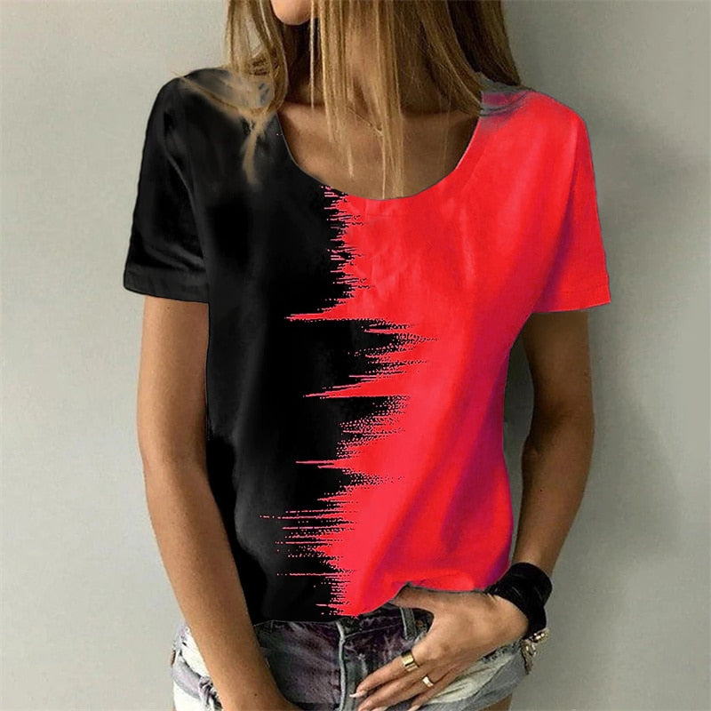 Abstract Color Block 3D Printing O-neck Short Sleeve Pullover T-Shirts