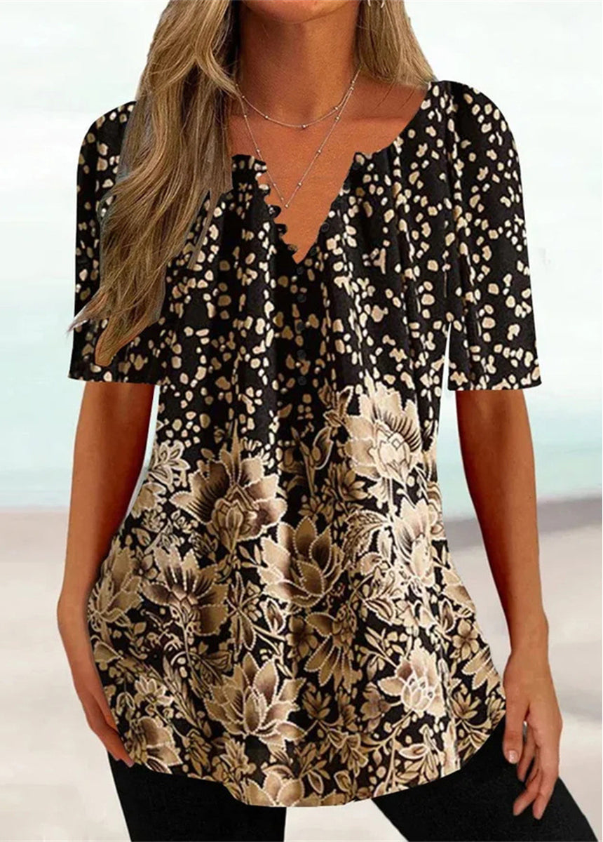 Floral Button Print Short Sleeve Round Neck T-Shirt