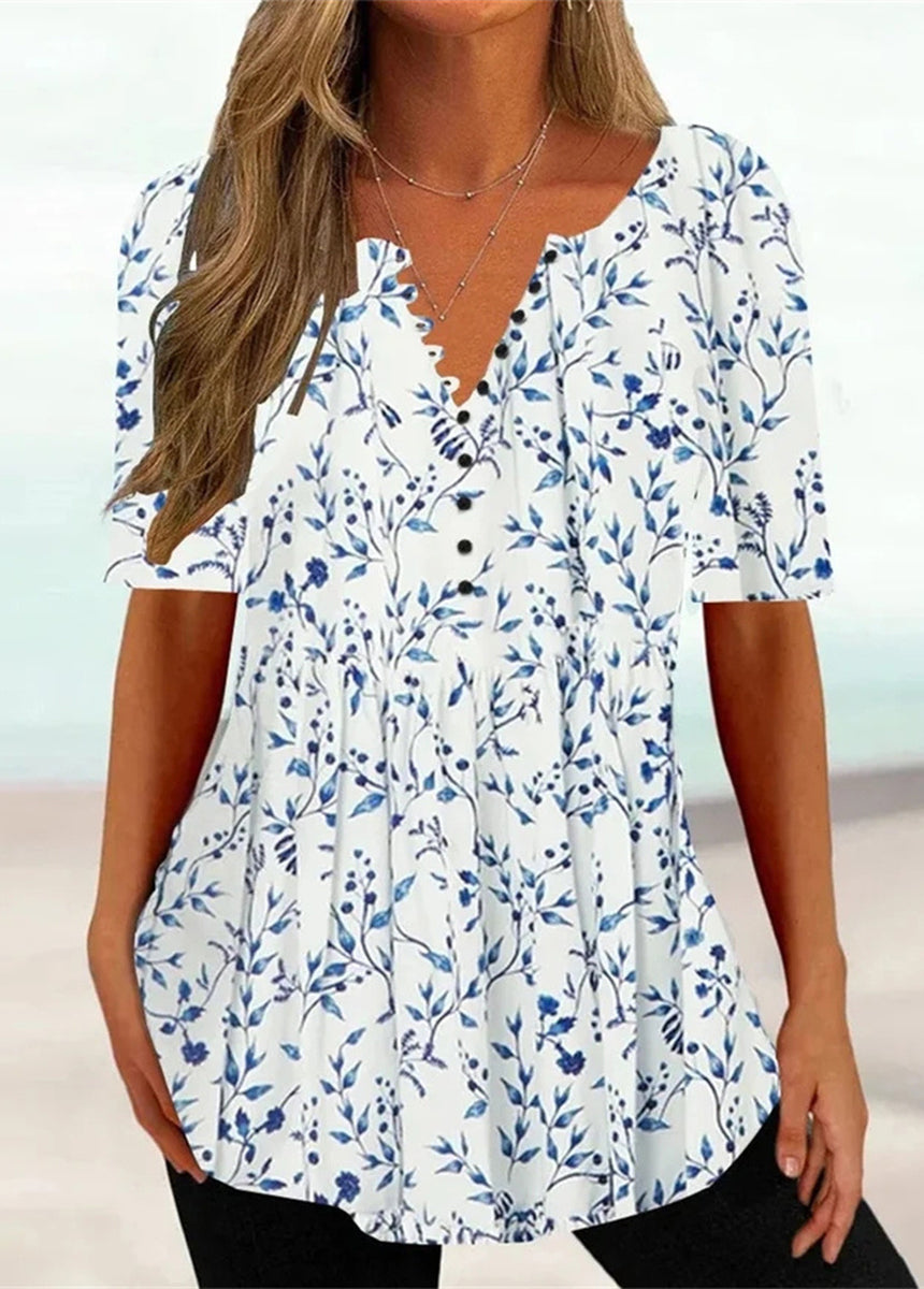 V-Neck Short Sleeve Pleated Button-Down Shirt