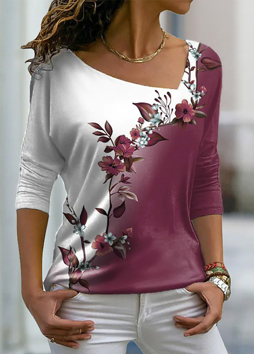 V-neck Floral Long-sleeved T-shirt