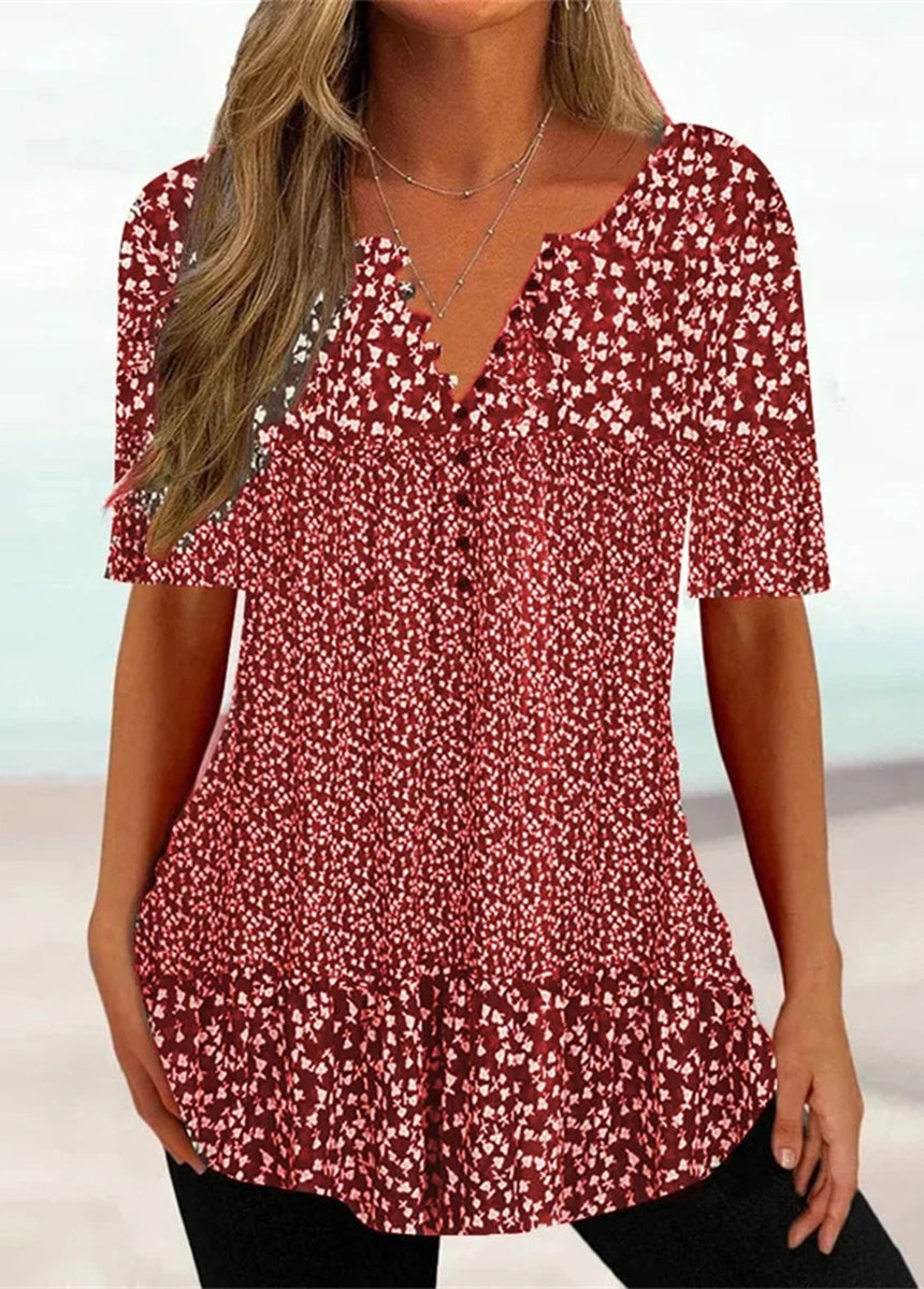 V-Neck Short Sleeve Printed Button T-Shirt
