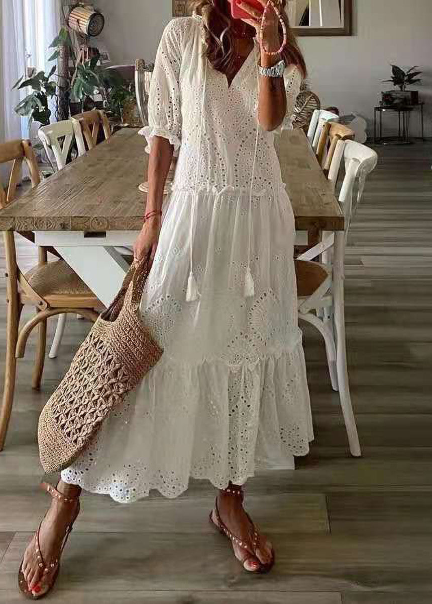 V-Neck Printed Tassel Short Sleeve Mid-Length Dress