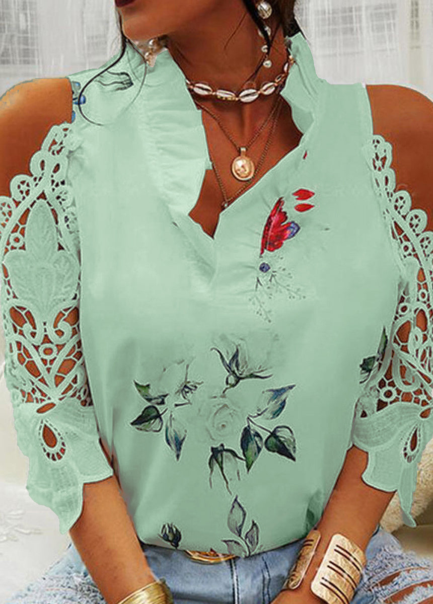 Floral Print Off-Shoulder Lace Patchwork Long Sleeve T-Shirt