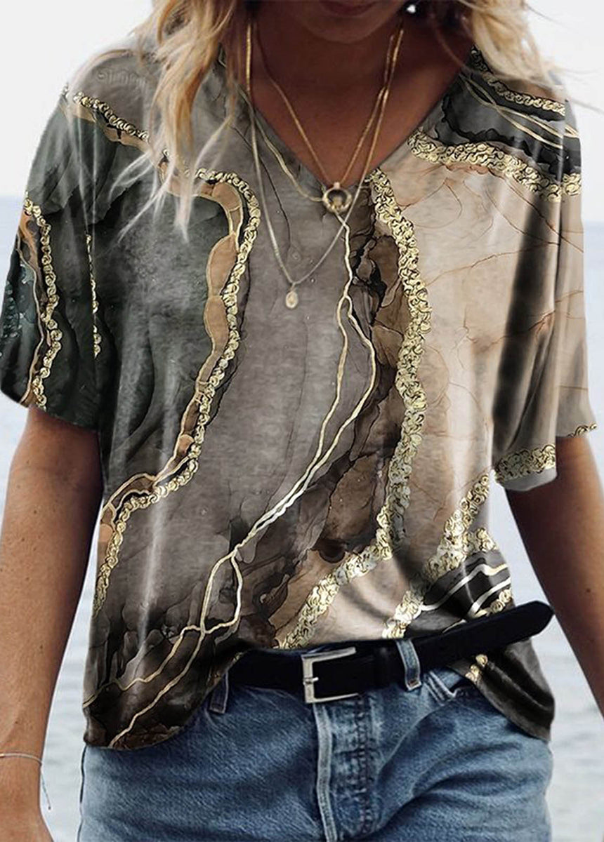V-Neck Short Sleeve Marble Print T-Shirt