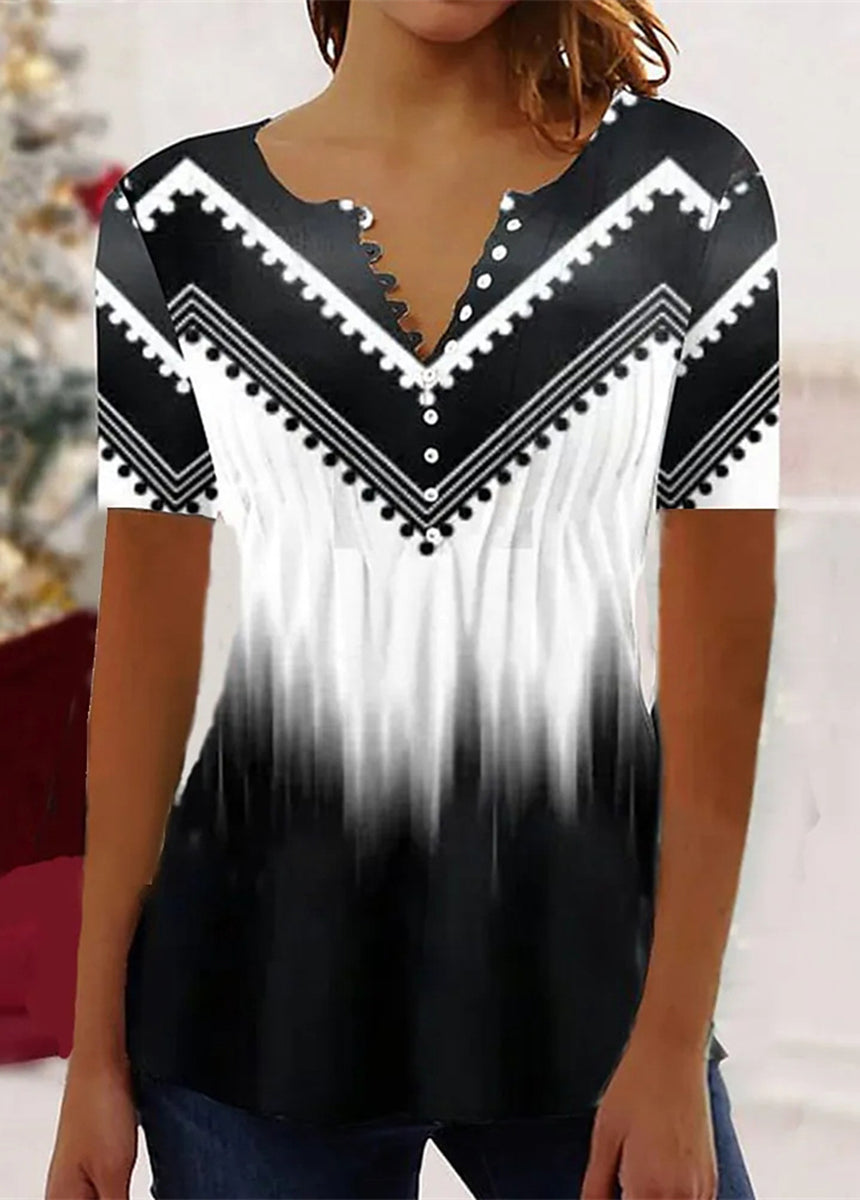 V-Neck Short Sleeve Button Striped Print T-Shirt