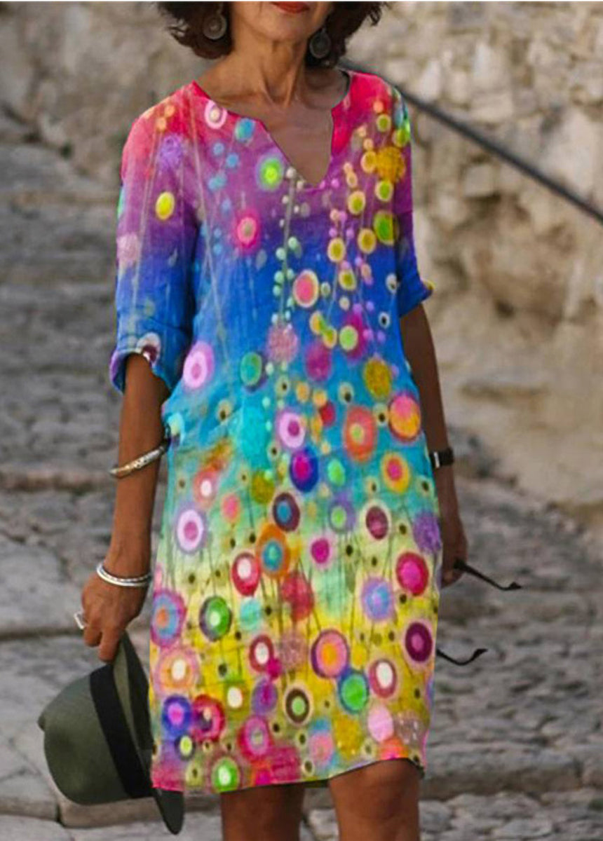 Bamboo And Linen Broken Flower Retro Literary Round Neck Short Sleeve Dress