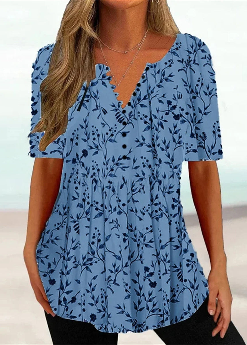 V-Neck Short Sleeve Pleated Button-Down Shirt