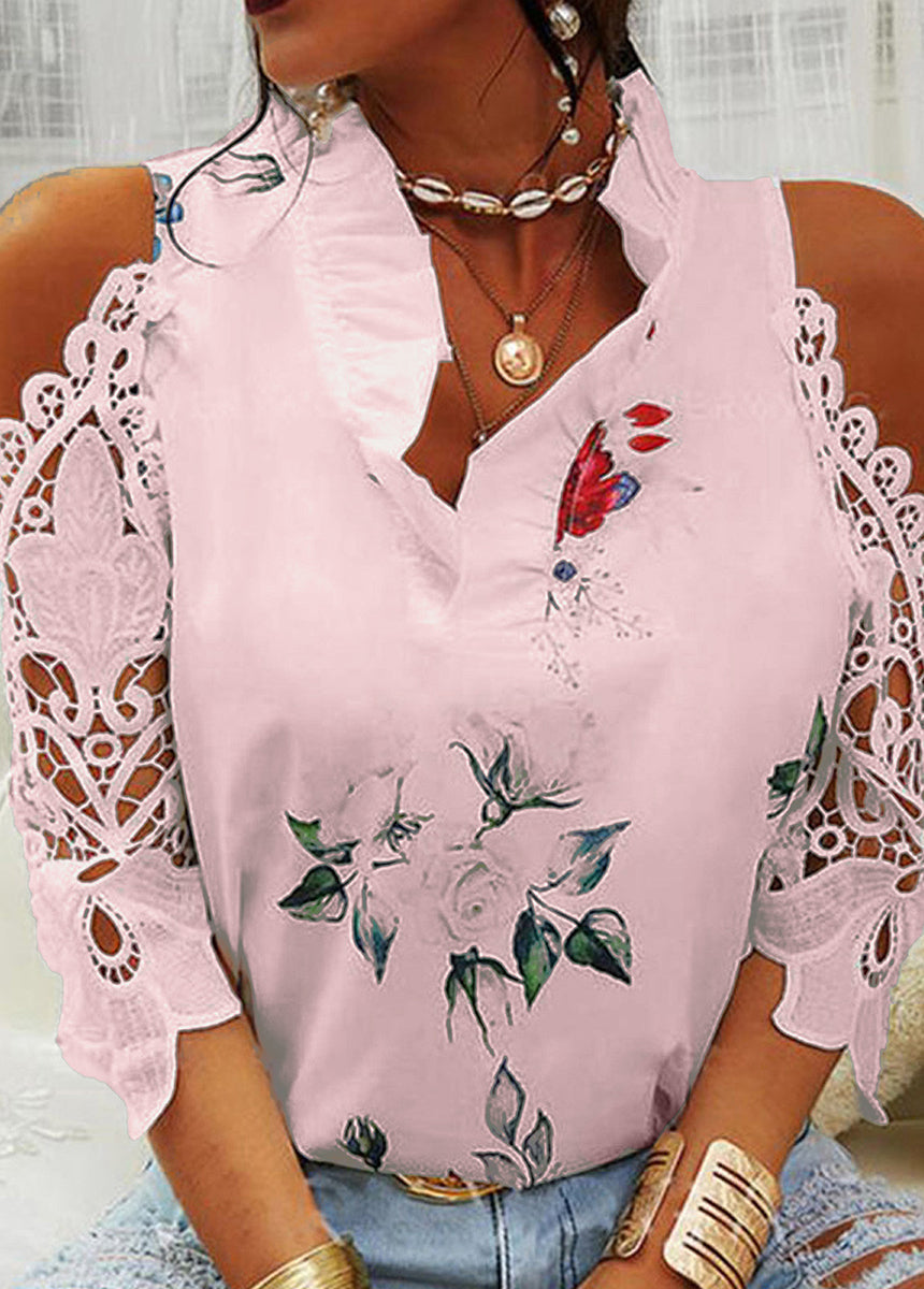 Floral Print Off-Shoulder Lace Patchwork Long Sleeve T-Shirt