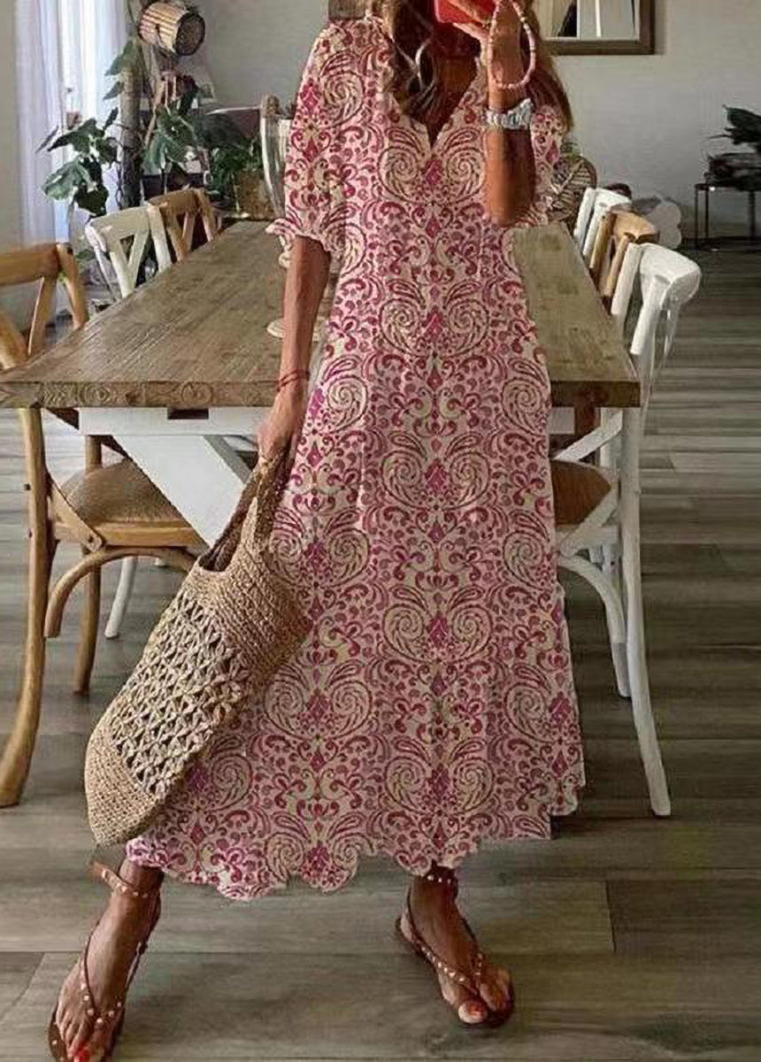 V-Neck Printed Tassel Short Sleeve Mid-Length Dress