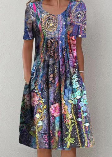 Printed Short Sleeve Round Neck Dress