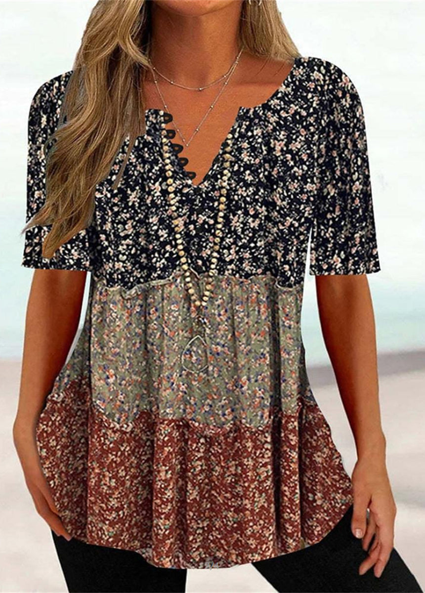 V-Neck Floral Button T-Shirt