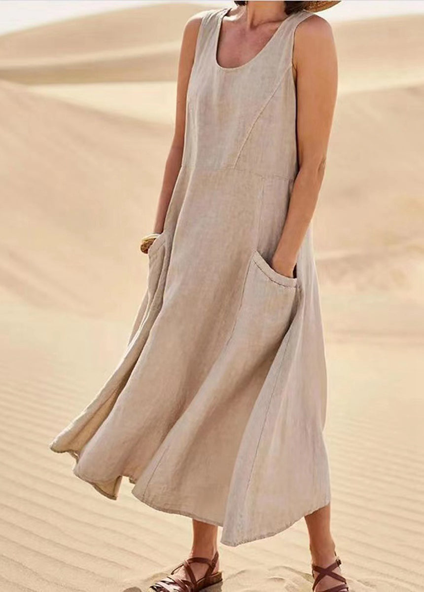Solid Color Sleeveless Cotton And Linen Dress
