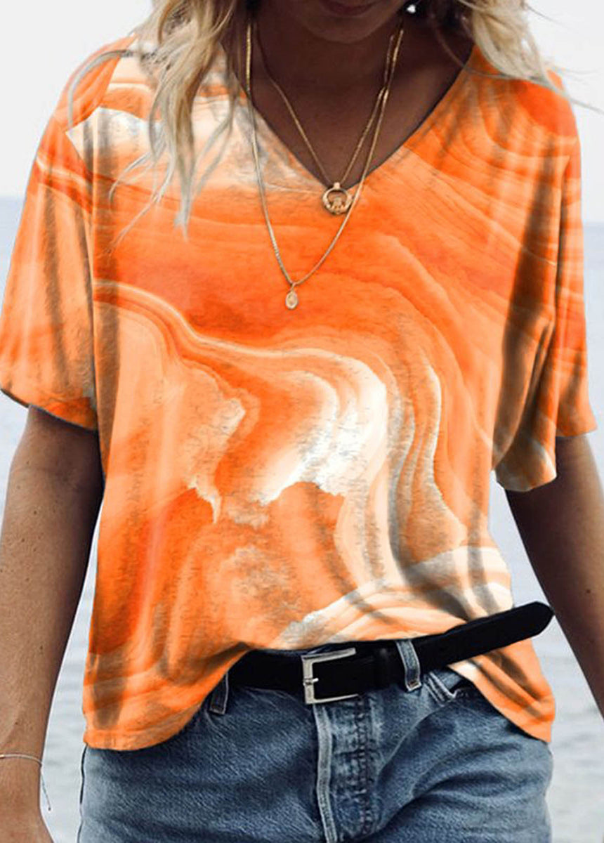V-Neck Short Sleeve Marble Print T-Shirt
