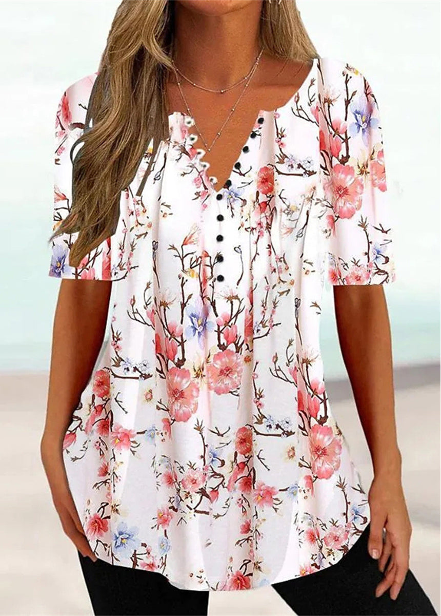 Floral Button Print Short Sleeve Round Neck T-Shirt