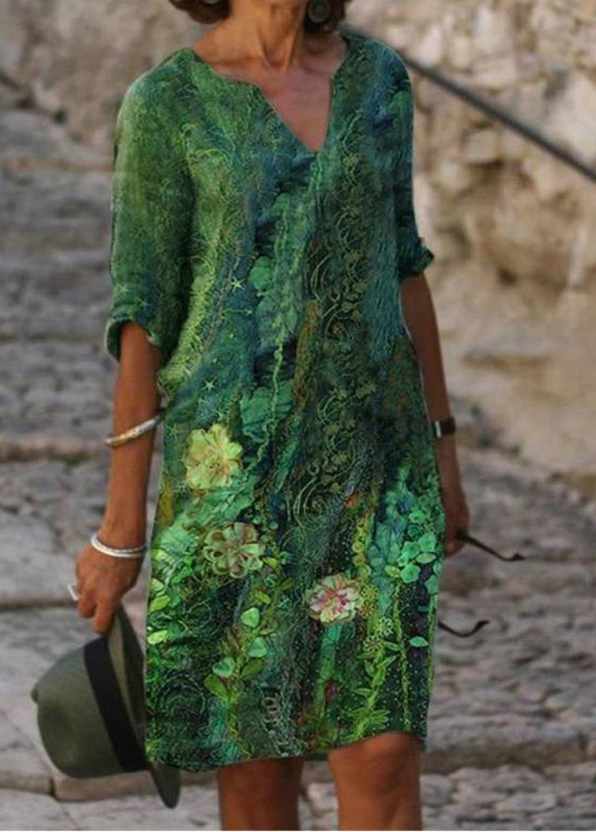 Bamboo And Linen Broken Flower Retro Literary Round Neck Short Sleeve Dress