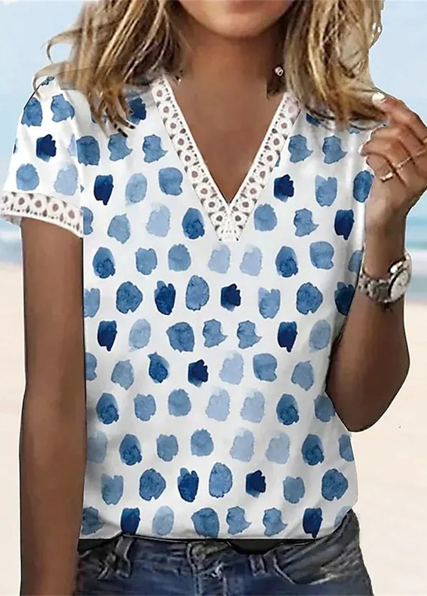 V-neck Lace Printed Sleeve Hem Lace Trimmed Short-sleeved T-shirt