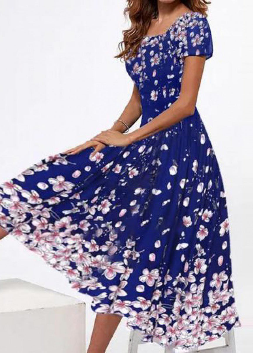 Square Neck Short Sleeve Multicolor Printed Dress