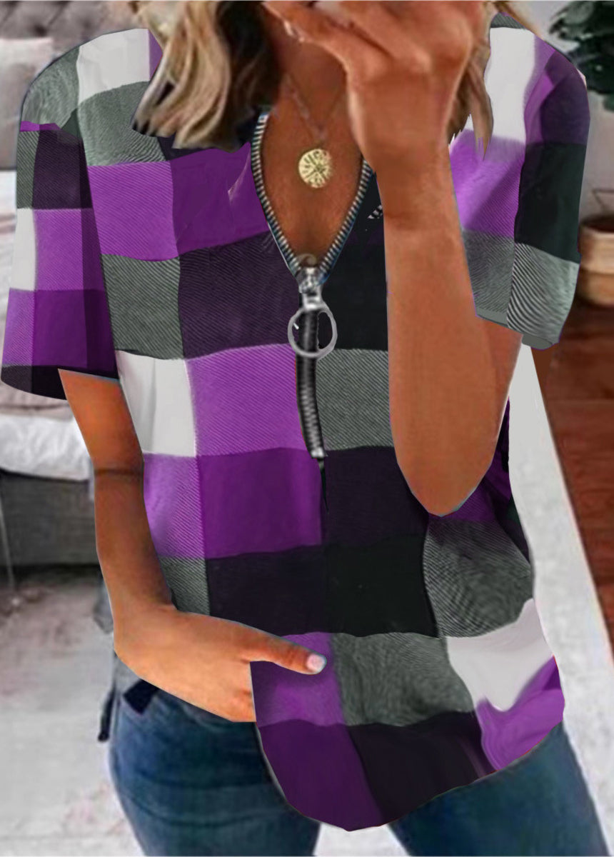 Zipper Plaid Print Short Sleeve T-shirt