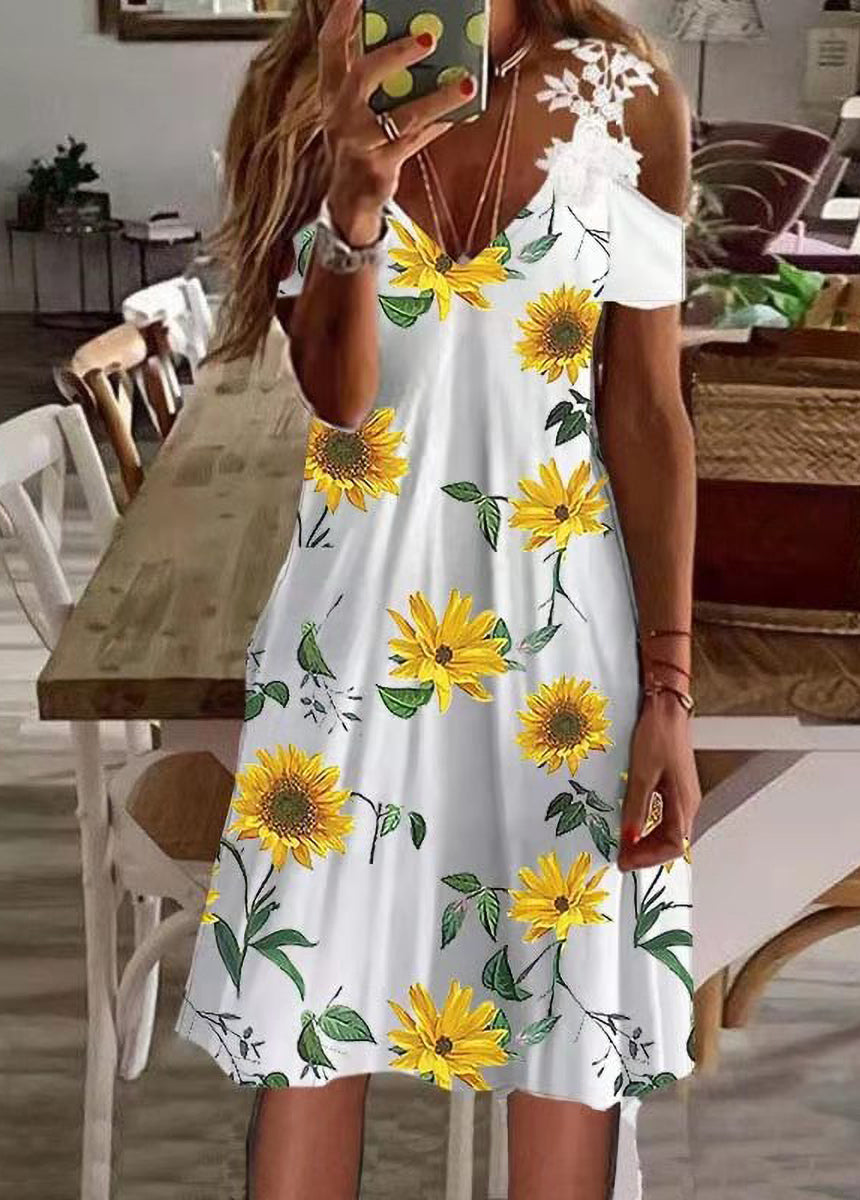 Feather Printed Lace Edge Off-The-Shoulder Ladies' Sling Dress