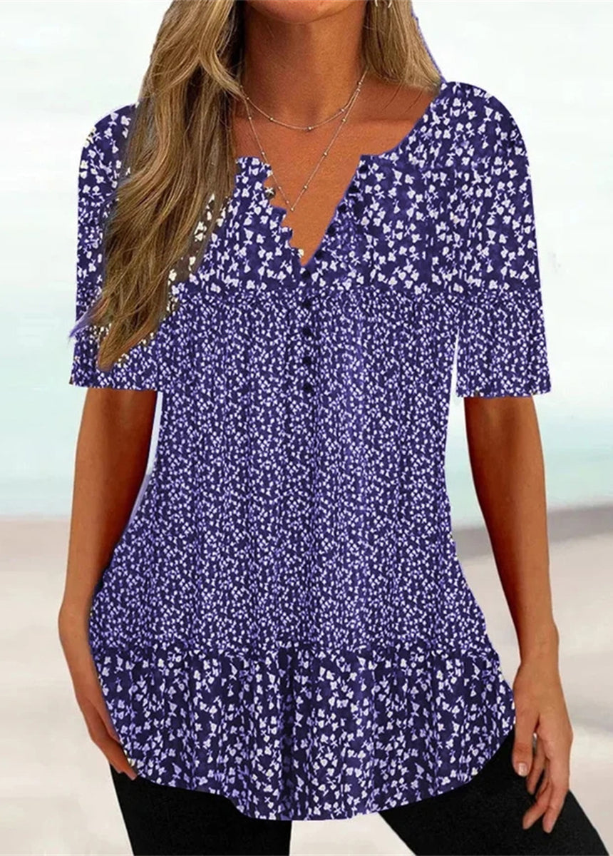 V-Neck Short Sleeve Printed Button T-Shirt