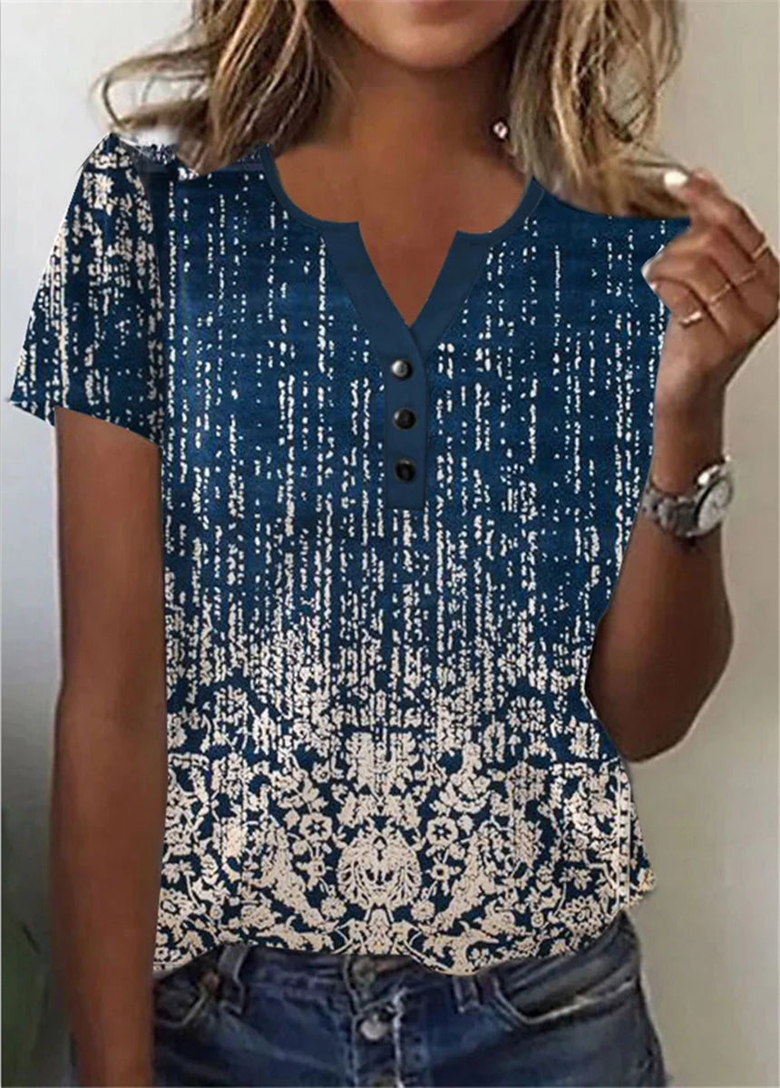 Button-Up V-Neck Printed Short-Sleeved T-Shirt