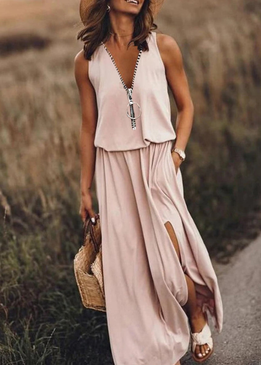 Sleeveless Casual Waist-tie Zipper Letter Print Dress