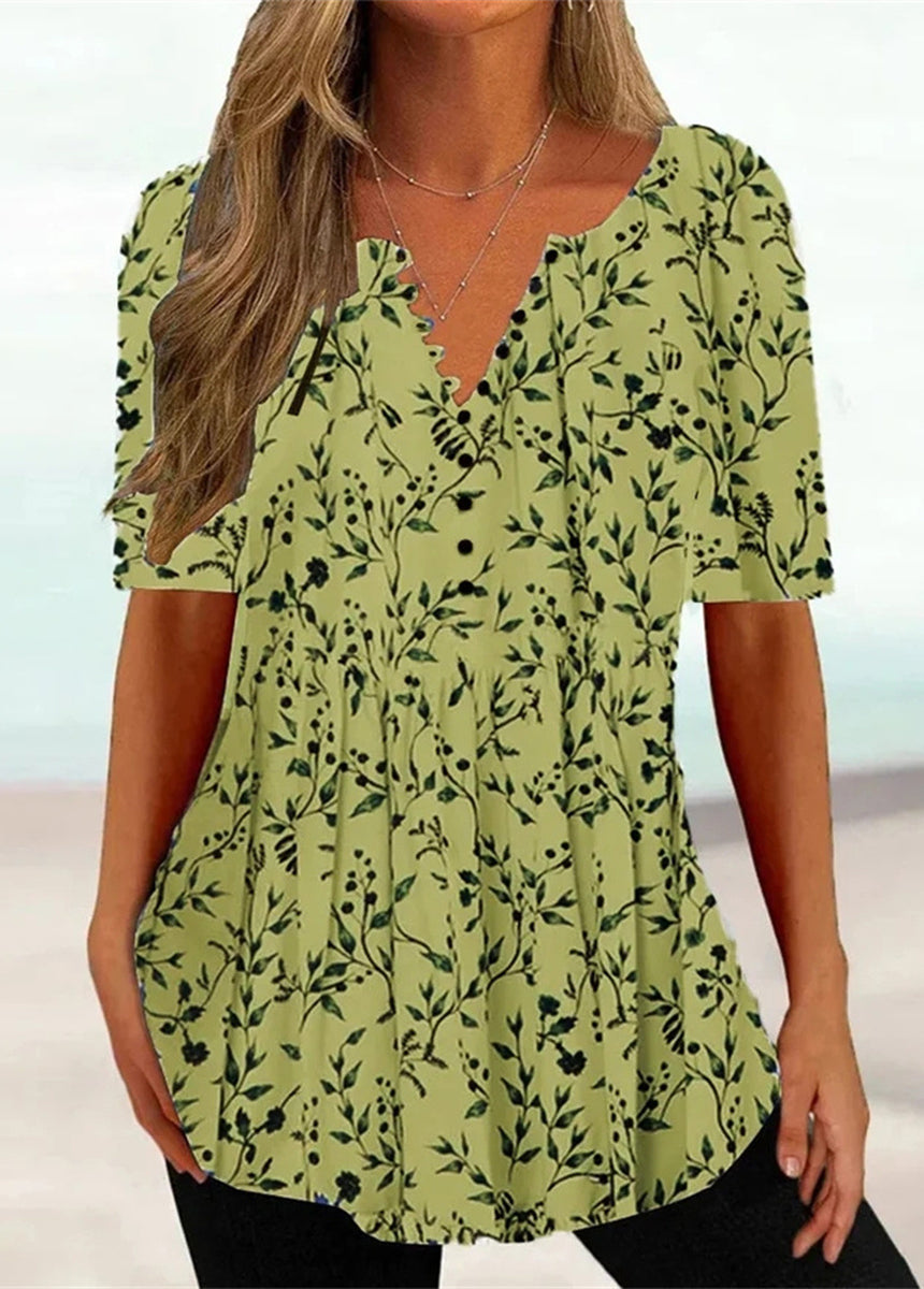V-Neck Short Sleeve Pleated Button-Down Shirt