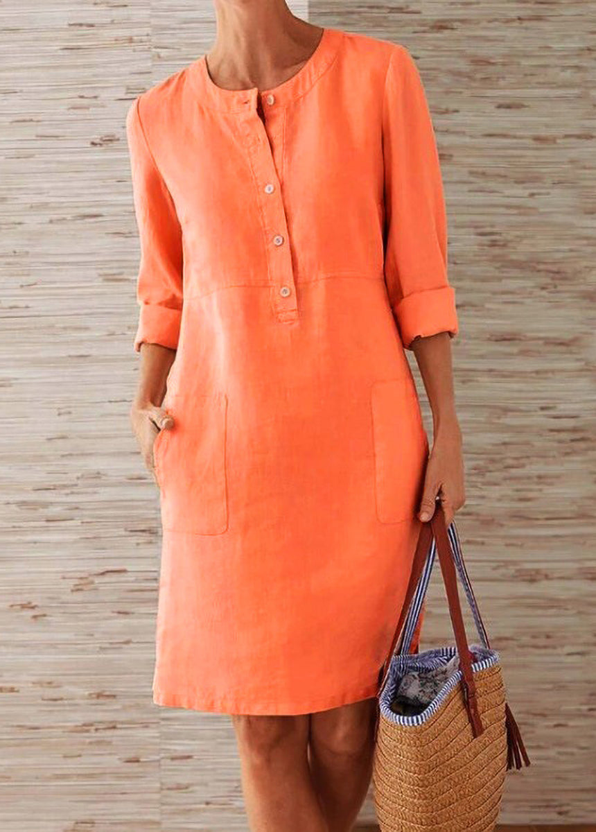 Cotton And Linen Round Neck Long-Sleeved Dress