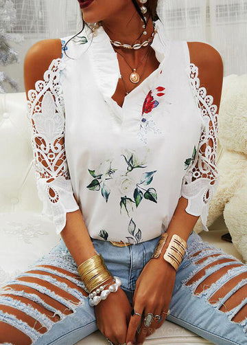Floral Print Off-Shoulder Lace Patchwork Long Sleeve T-Shirt