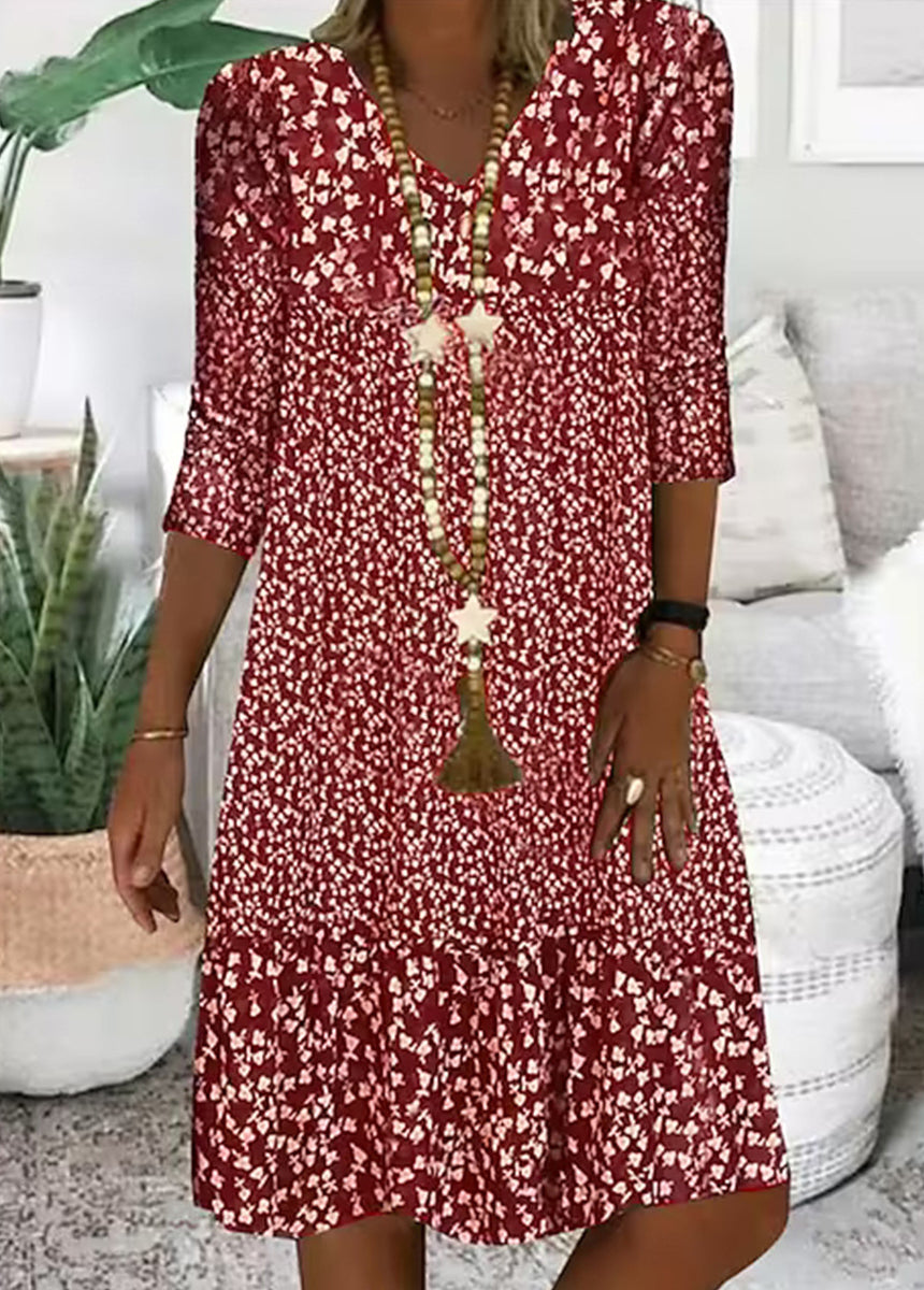 Printed Mid-Sleeve V-Neck Dress