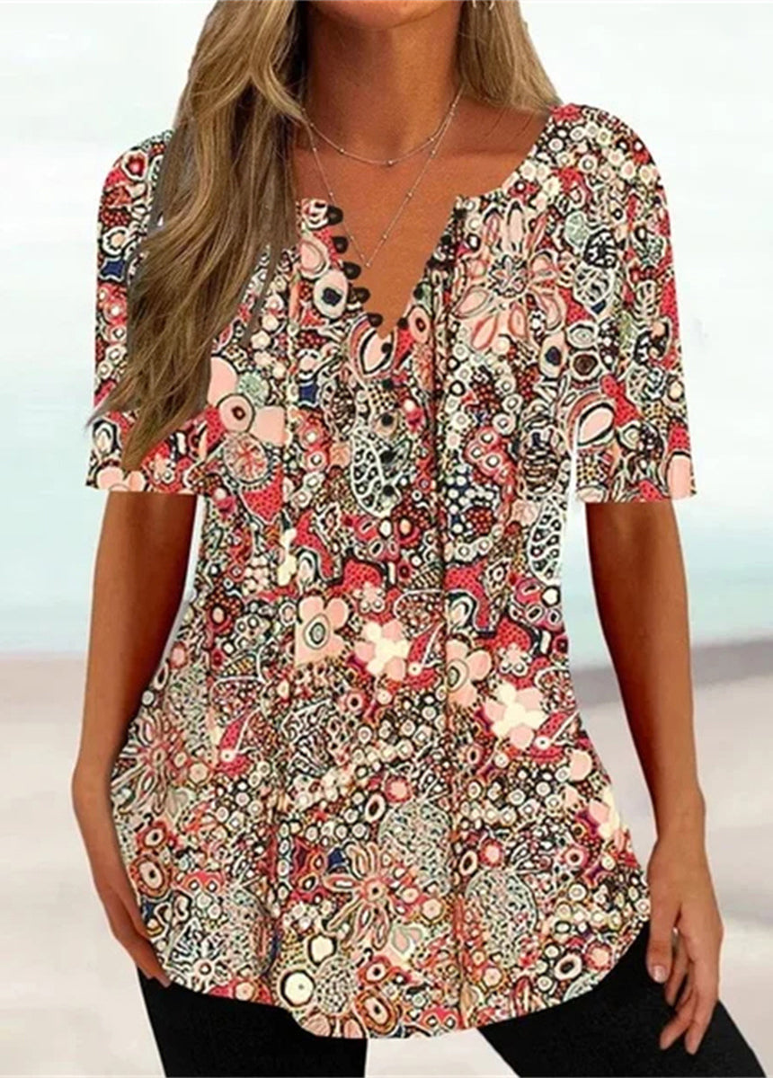 Floral Button Print Short Sleeve Round Neck T-Shirt